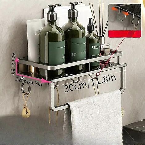 Étagère de rangement grise pour accessoires de salle de bain, étagère murale en aluminium pour accessoires de salle de bain, adaptée aux couloirs de salle de bain, barre de crochet grise de 30 cm. (1/5)