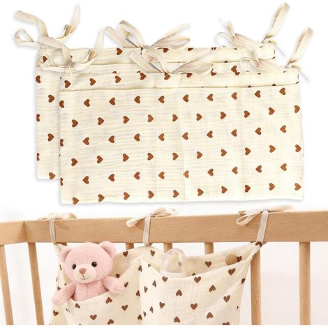 Lot de 2 organiseurs de lit de bébé à suspendre en coton avec 2 compartiments - Sac de rangement pour lit bébé ou table à langer (1/5)