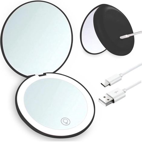 Miroir de maquillage avec éclairage - noir - LED - Petit miroir lumineux réglable - Agrandissement 10 - Convient pour sacs à main (1/5)