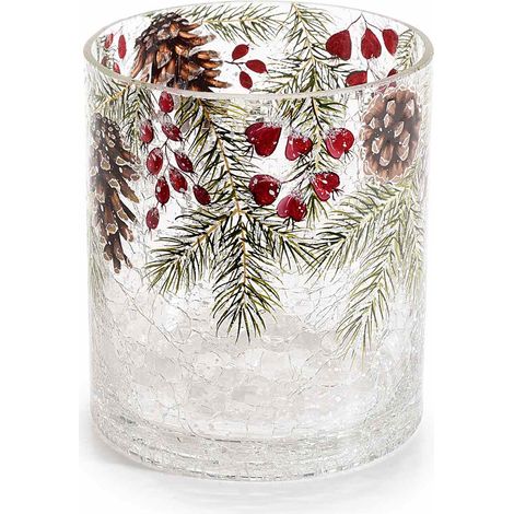 Portacandela a vaso in vetro effetto craquelè con decori invernali con pino, pigne e bacche, set da 2 pezzi, Ø 11,5 cm x 13 H