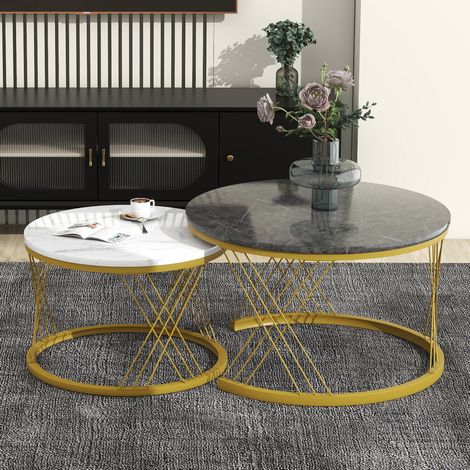 Tables basses gigognes en MDF gris effet marbre, lot de 2 tables rondes avec structure métal doré (1/5)