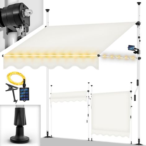 tillvex Toldo de abrazadera beige de 200 cm con LED solar y manivela para balcón Toldo para balcón sin taladrar Toldo resistente a los rayos UV y regulable en altura Protección solar impermeable (1/5)