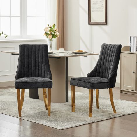 Set di 2 sedie da pranzo, sedie da cucina imbottite in tessuto ciniglia in stile francese retrò, robuste gambe in acciaio inox, Nero (1/5)