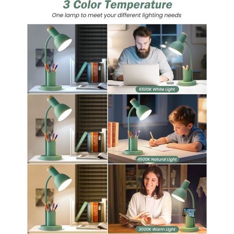 Lampe de bureau LED avec porte-stylo – 3 modes couleur – Cou d'oie métal vert – Parfaite pour espace télétravail, bibliothèque ou coin lecture
