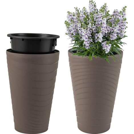 GOPLUS 2 PCS Pot de Fleur de 45 CM de Haut, en Plastique, Cache Pot d’Horticulture avec Seaux Intérieurs Amovibles, Trous de Drainage, Intérieur et Extérieur, pour Jardin, Entrée, Bureau, Marron