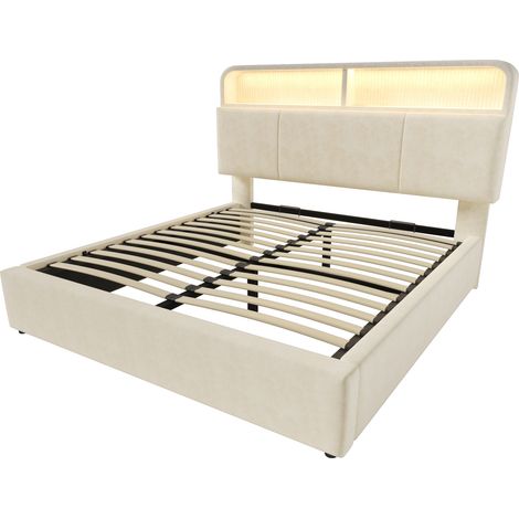 Cama doble 140x200 cm de terciopelo beige con cabecero regulable, LED y USB-C (1/5)