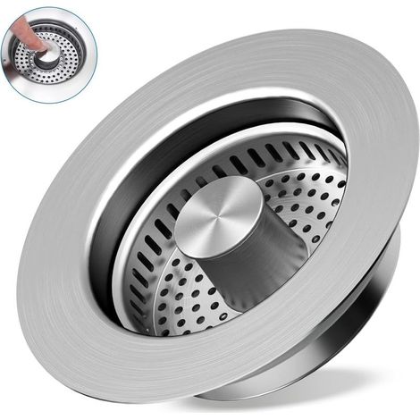 Filtre de vidange 3 en 1 pour évier de cuisine, bouchon de vidange escamotable en acier inoxydable 304, compatible avec les canalisations d'évier de cuisine. (1/4)