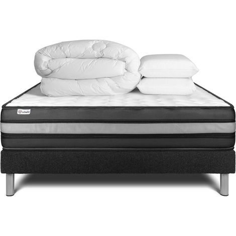 Komplettpaket Bett - Matratze 140x200 cm + Boxspringbett mit Lattenrost (im Set) + 2 Kopfkissen + Bettdecke - Vital Power Zen