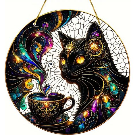 【Suspension d'acrylique décorative】YK6005 Chat Noir Café Approx. 20x20CM (Double-sided) - Peacock & Chat (1/3)