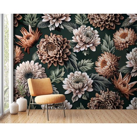 Papier peint fleuri - chrysanthèmes rétro sombres - 150 x 250 cm (1/2)