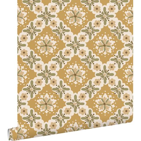 papier peint fleurs vintage jaune ocre et vert - ESTAhome