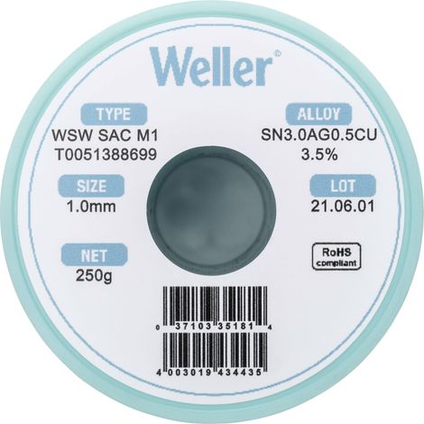 Étain à souder sans plomb Sn3,0Ag0,5Cu 1 mm Weller WSW SAC M1 bobine 250 g (1/5)