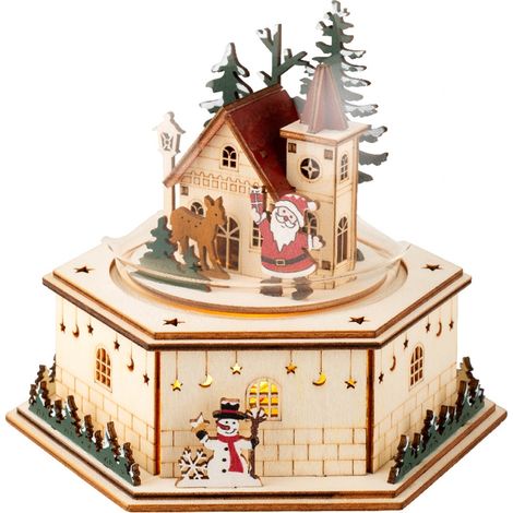 Scenario natalizio con Babbo natale e casetta in compensato con Led, da 17.5 cm (1/2)