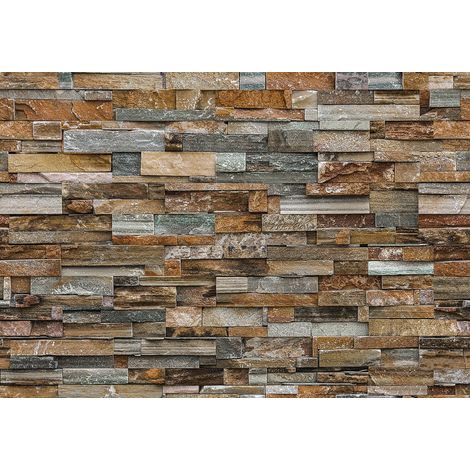 Papier peint panoramique brique 3D pour salon | Tapisserie panoramique moderne marron & grise | Papier peint panoramique pierre pour chambre tendance - 366 x 254 cm (8 pièces) (1/2)