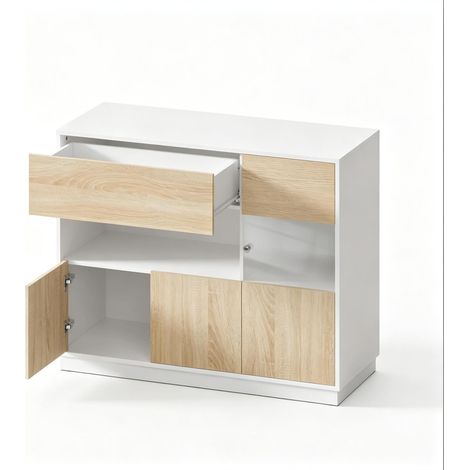 CHICFURN Credenza bassa 100 x 40 x 80 cm in legno ingegnerizzato bianco e rovere chiaro (1/5)