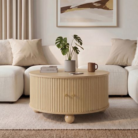Table basse ronde 72 x 72 x 38 cm, relief vertical, 2 portes coulissantes, MDF, poignées et pieds métal, 4 compartiments, naturel (1/5)