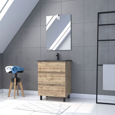 Mueble de baño 60cm Acabado Roble - Cajones - Lavabo negro + Espejo Led - TIMBER 60 - Pack39