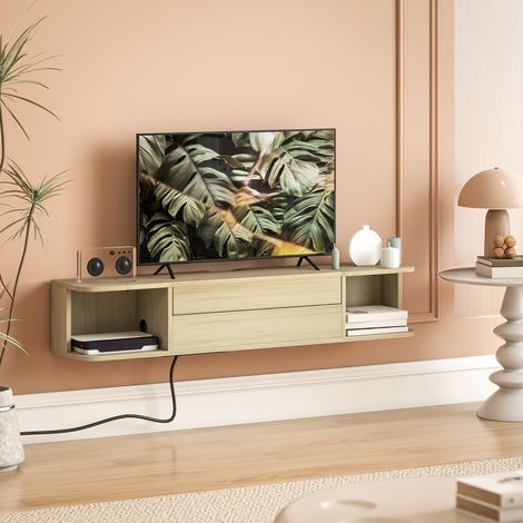 Mueble de TV mural para televisores de 50 pulgadas, con cajón, estantes y sistema de gestión de cables, 120 x 24 x 22,4 cm, efecto madera natural. (1/5)
