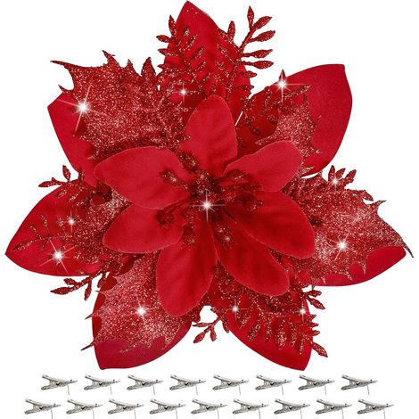 16 Fleurs de Noël artificielles Poinsettia avec pinces, décorations scintillantes pour sapin, branches DIY pour couronne, guirlandes et ornements de fête maison (1/5)