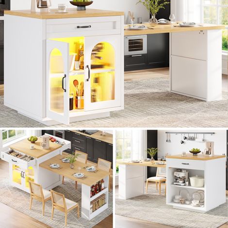 Îlot de cuisine extensible avec éclairage LED, meuble de cuisine moderne avec 2 tiroirs et étagères réglables, buffet avec portes en verre cannelé, plan de travail en MDF pour l'espace repas (1/5)