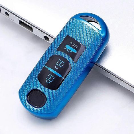 TPU-Schlüsselhülle mit Carbonmuster für Mazda 2, 3, 6, Atenza, Axela, Demio, CX-5, CX5, CX-3, CX7, CX-9 (2015–2019) – Blau