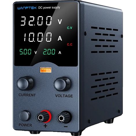 Fuente de alimentación de CC, ajustable a 30 V 10 A, con capacidad de carga rápida USB, color negro. (1/2)