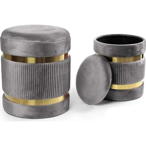 Set de 2 poufs conteniteurs en velours gris/or doré Ø38x44 et Ø31x38 cm
