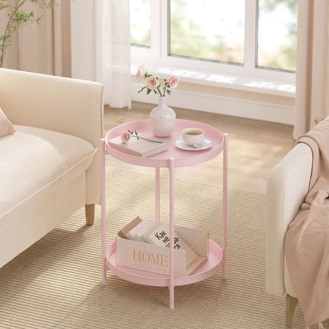 WOLTU Rund Beistelltisch Couchtisch mit Stauraum Nachttisch Sofatisch mit 2 abnehmbare Tabletts Kaffeetisch Telefontisch , aus Metall, für Wohnzimmer Schlafzimmer, Rosa (1/5)