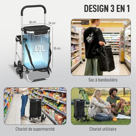 Chariot de courses pliable avec siège, 3 roues escalier, sac Oxford 40L amovible, cadre robuste noir 46x59,5x97cm (1/5)