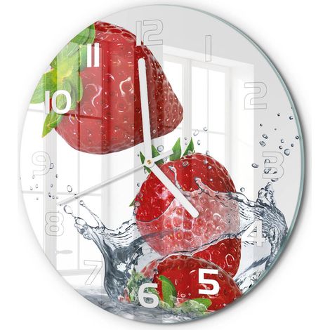 Horloge Murale Ronde Décoration Cuisine en Verre Trempé Silencieuse Moderne Fraises et eau fi 30 cm (1/5)