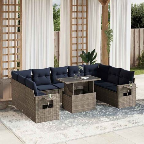 10-teiliges Gartensofa-Set mit Kissen, grau, Polyrattan (1/5)