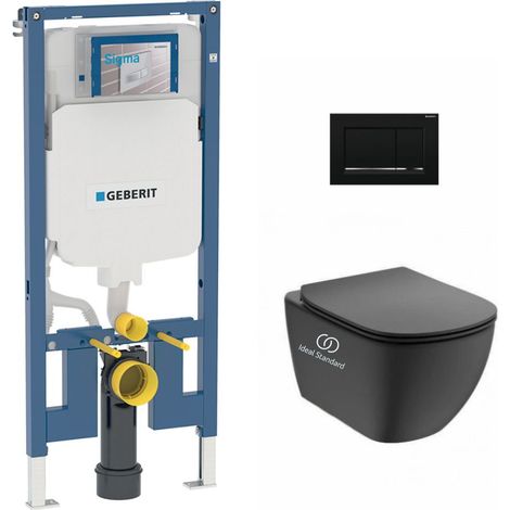 Pack WC Bati-support Geberit UP720 extra-plat + WC sans bride Ideal Standard Tesi + Abattant softclose + Plaque noir mat/chrome