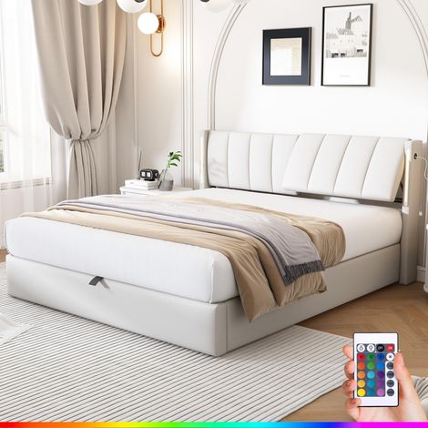 Letto contenitore 160x200 cm, con illuminazione LED, spazio di stoccaggio idraulico, porta USB, tessuto similpelle, letto matrimoniale capitonné - bianco (1/5)