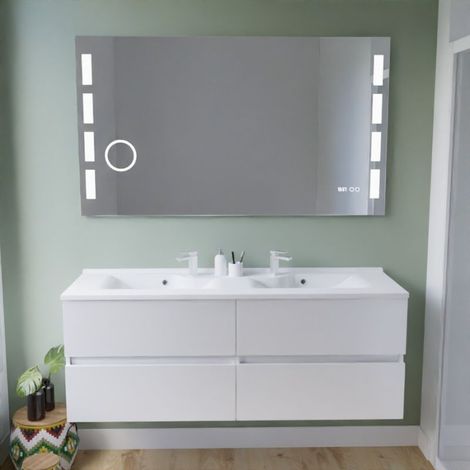 Meuble double vasque 140 cm ROSALY INOX + miroir LED Excellence- Blanc- Plan vasque en (1/5)