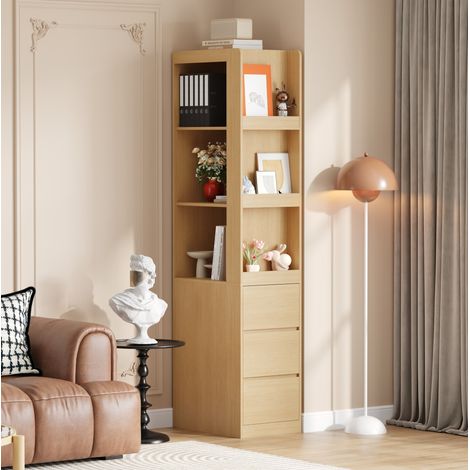 Librería estrecha, 3 nichos y 3 cajones, reversible, roble, 60x40x200 cm (1/5)