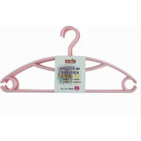 Set 5 Pz Grucce Stampelle Appendiabiti In Plastica Rosa Vestiti Pantaloni 87687 (1/3)