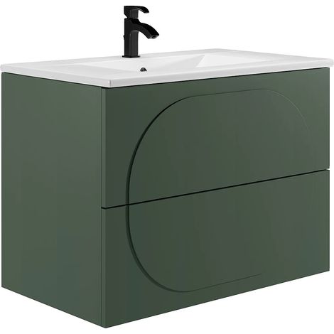 Vente-Unique – Meuble sous vasque suspendu 80 cm – Vasque à encastrer en céramique – MDF vert avec 2 tiroirs soft close – Design minimaliste (1/5)