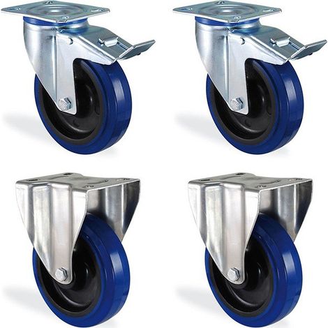Lot roulettes fixe et pivotante à frein caoutchouc bleu élastique diamètre 100mm charge 450kg
