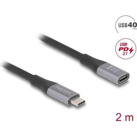 Delock Cable de extensiÃ³n USB 40 Gbps USB Type-Câ¢ macho a hembra PD 3.1 240 W 2 m gris metal