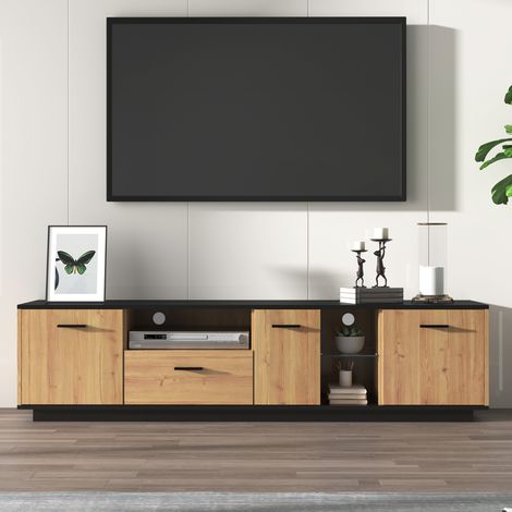 Mueble TV 180 x 37 x 45 cm con LED de 16 colores, 3 puertas, 1 cajón, negro y madera (1/5)