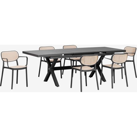 Set de table rectangulaire extensible 180-240x90 cm Karena et 6 chaises de jardin empilables avec accoudoirs Omara SKLUM Gris Graphite (1/5)