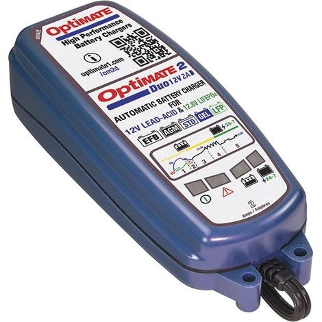 Chargeur de batterie Optimate 2 Duo 12 V 2 A 6-96 Ah AGM/GEL/STD 6-96 Ah, Lithium (LiFePO4) 12,8 V 2 A 2-24 Ah, SAE (EL) - Remplace le TM420 (1/2)