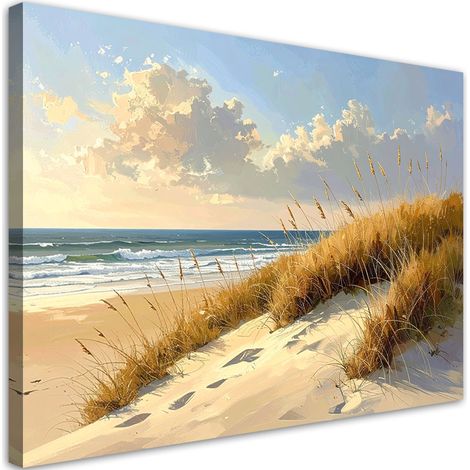 Stampe su Tela, Spiaggia con dune in riva al mare Paesaggio al tramonto, 30x20