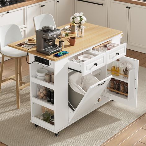 Îlot de cuisine sur roulettes, table à manger extensible, îlot de cuisine avec poubelle et porte-serviettes, et prise électrique. (1/5)