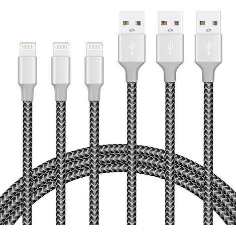Pack of 3 Lightning cables, 1.8 m – Charging speed up to 2.4 A – Anti-tangle braided nylon – Compatible with iPhone 5 to 11 Pro Max (1/2)