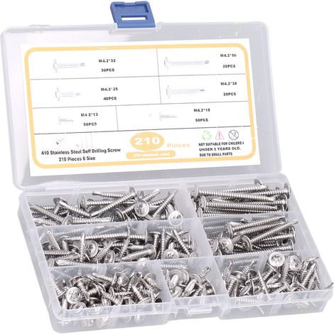 Vis à bois autoforeuses en acier inoxydable, tête ronde, lot de 210 pièces avec boîte de rangement transparente (1/5)
