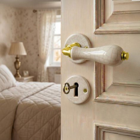 Ouvre&Déco – 2 poignées de porte LIZON entrée de  clé porte chambre, Rosace ronde, Design Classique Chic, Porcelaine craquelé, Coude aspect or