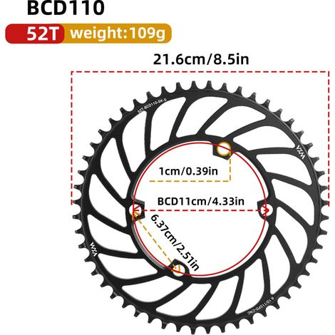 52T Plateau universel 4 trous à griffes pour vélo, mono-vitesse, entraxe 110 BCD, dents positives et négatives, 36T, 38T, 40T, 4250T, 58T (1/5)