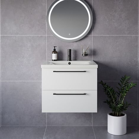 Napoli 460 Gloss White 600mm Wall Mounted 2 Drawer Vanity Unit with Glide Basin - 600mm - Matt Black 320mm Handle