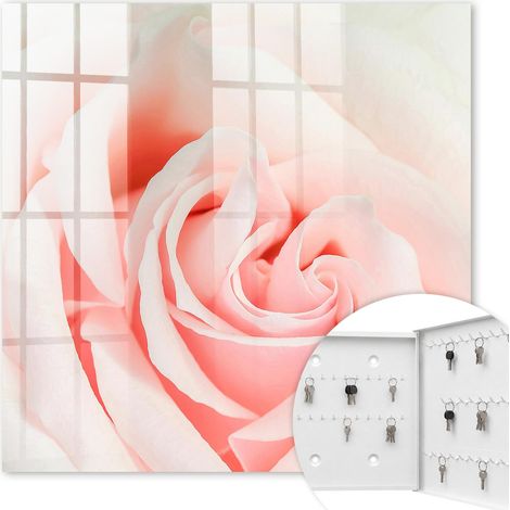 Armoire à clés - (30 cm x 30 cm) - Boîte à clés murale - Coffret de rangement pour clés - Couleur blanche - Ouverture vers la droite - Pour maison et bureau - Rose romantique